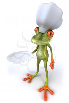 Royalty Free 3d Clipart Image of a Frog Wearing a Chef's Hat and Holding a Plate