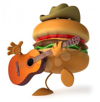 Royalty Free Clipart Image of a Burger Wearing a Cowboy Hat and Playing a Guitar