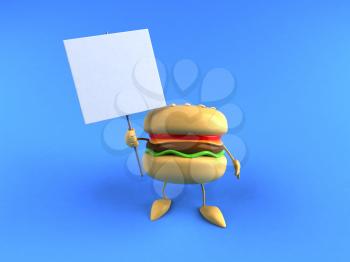 Royalty Free 3d Clipart Image of a Hamburger Holding a Blank Sign