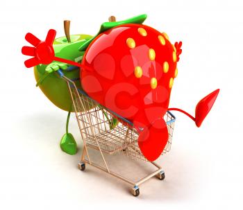 Royalty Free 3d Clipart Image of an Apple Pushing a Strawberry in a Shopping Cart