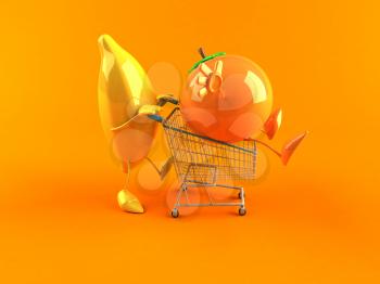 Royalty Free 3d Clipart Image of a Banana Pushing a Orange in a Shopping Cart