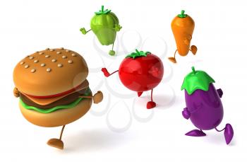 Royalty Free Clipart Image of a Burger and Vegetables