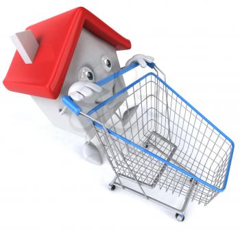 Royalty Free Clipart Image of a House Guy With a Grocery Cart