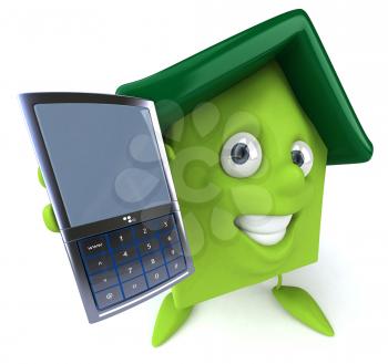Royalty Free Clipart Image of a Green House With a Cellphone