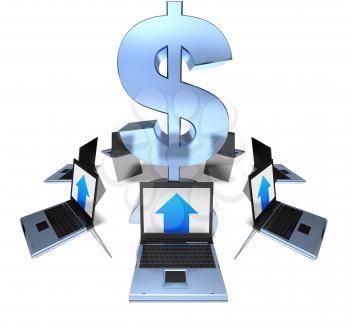 Royalty Free 3d Clipart Image of a Dollar Symbol Surrounded by Laptop Computers