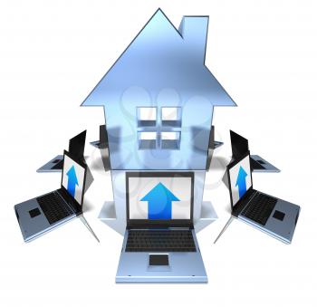 Royalty Free 3d Clipart Image of an At Symbol Surrounded by Laptop Computers