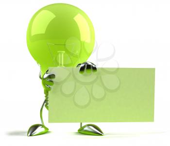 Royalty Free 3d Clipart Image of a Green Light Bulb Holding a Sign