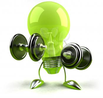 Royalty Free 3d Clipart Image of a Green Light Bulb Lifting Dumbbells