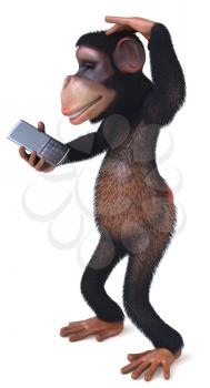 Royalty Free Clipart Image of a Monkey Scratching His Head While Looking at a Cellphone