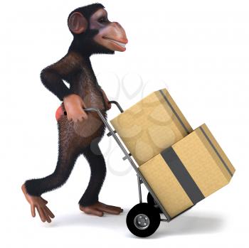 Royalty Free Clipart Image of a Chimpanzee With Boxes on a Dolly