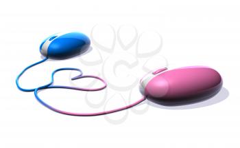 Royalty Free 3d Clipart Image of Two Computer Mice With a Heart Shape in the Cords