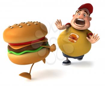 Royalty Free Clipart Image of an Overweight Man Chasing a Hamburger