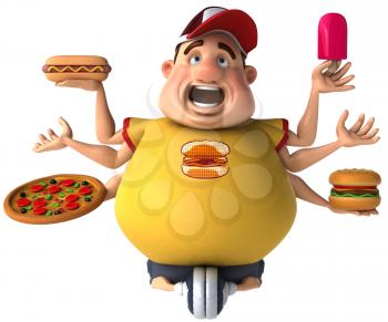 Royalty Free Clipart Image of a Many-Armed Overweight Guy With Fattening Foods Riding an Exercise Bike
