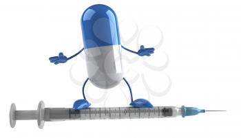 Royalty Free Clipart Image of a Pill Standing on a Syringe