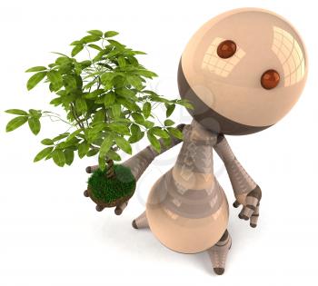 Royalty Free 3d Clipart Image of a Brown Robot Holding a Plant