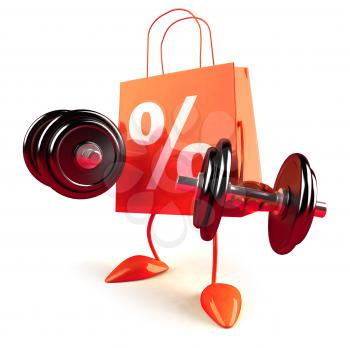Royalty Free 3d Clipart Image of Shopping Bags with Percentage Signs on Them Lifting Dumbbells