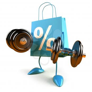Royalty Free 3d Clipart Image of Shopping Bags with Percentage Signs on Them Lifting Dumbbells