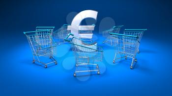 Royalty Free 3d Clipart Image of Shopping Carts With a Blue Background and a Euro Sign in the Middle