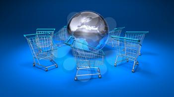 Royalty Free 3d Clipart Image of Shopping Carts With a Blue Background and a Globe in the Middle