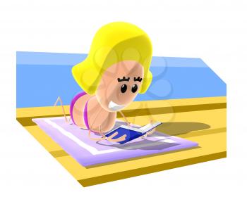 Royalty Free 3d Clipart Image of a Girl Reading a Book While Laying on the Beach