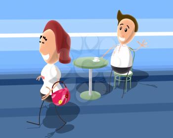 Royalty Free 3d Clipart Image of a Woman Walking Past a Man Sitting at a Cafe Table

