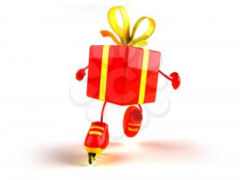 Royalty Free 3d Clipart Image of a Shiny Gift on Rollerblades