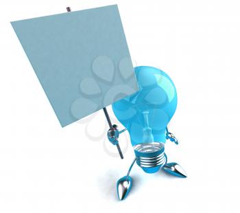 Royalty Free 3d Clipart Image of a Blue Light Bulb Holding a Sign