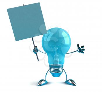 Royalty Free 3d Clipart Image of a Blue Light Bulb Holding a Sign