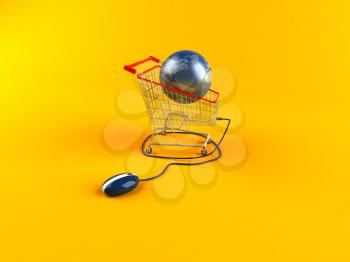 Royalty Free 3d Clipart Image of a Globe in a Shopping Cart Attached to a Computer Mouse