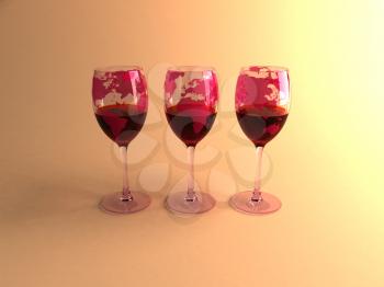 Royalty Free 3d Clipart Image of Three Glasses of Red Wine