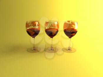 Royalty Free 3d Clipart Image of a Three Glasses of Red Wine