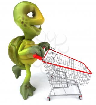 Royalty Free 3d Clipart Image of a Turtle Pushing a Shopping Cart