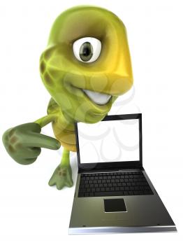 Royalty Free 3d Clipart Image of a Turtle Holding a Computer Laptop