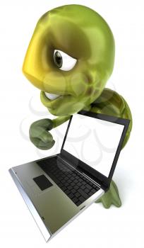Royalty Free 3d Clipart Image of a Turtle Holding a Computer Laptop