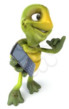Royalty Free Clipart Image of a Side View of a Turtle With a Cellphone
