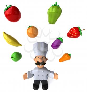 Royalty Free Clipart Image of a Chef Juggling Fruits and Vegetables