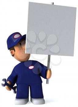 Royalty Free Clipart Image of a Mechanic Holding a Sign