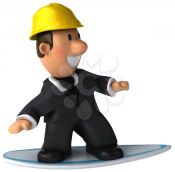 Royalty Free Clipart Image of a Man in a Suit and Hardhat on a Surfboard