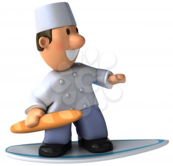 Royalty Free Clipart Image of a Baker on a Surfboard With a Baguette