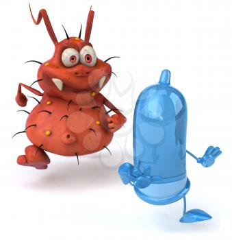 Royalty Free Clipart Image of a Germ Chasing a COndom
