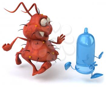 Royalty Free Clipart Image of a Germ Chasing a Condom