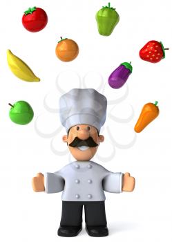 Royalty Free Clipart Image of a Chef Juggling Fruit and Vegetables