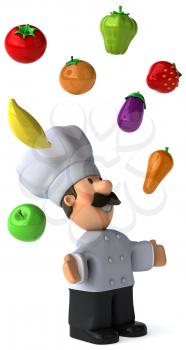 Royalty Free Clipart Image of a Chef Juggling Vegetables