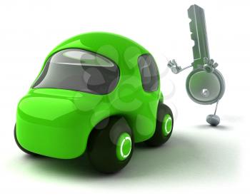 Royalty Free Clipart Image of a Green Car and Key