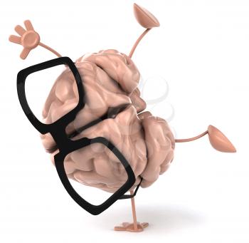 Royalty Free Clipart Image of a Brain in Glasses Doing a Handspring