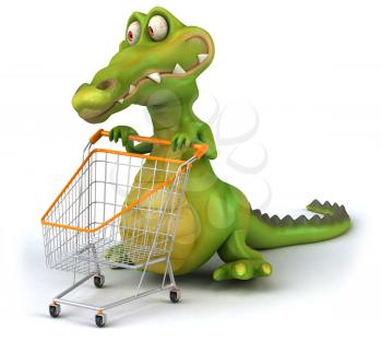 Royalty Free Clipart Image of an Alligator With a Shopping Cart