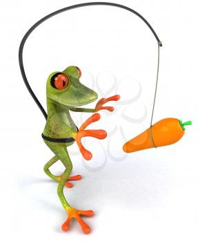 Royalty Free Clipart Image of a Frog With a Carrot Dangling in Front of It