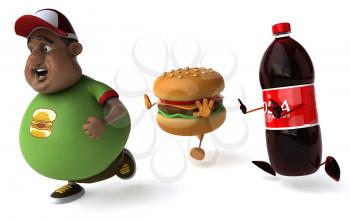 Royalty Free Clipart Image of Fast Food Chasing an Overweight Man