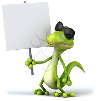 Royalty Free Clipart Image of a Lizard in Sunglasses Holding a Sign