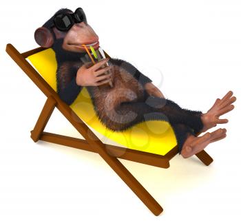 Royalty Free Clipart Image of a Monkey With a Drink on a Beach Chair